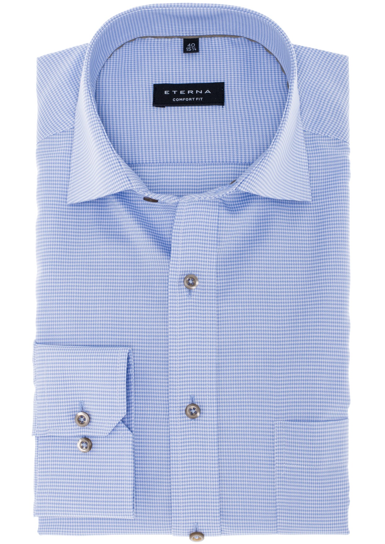 Eterna Hemd Comfort Fit mit Hahnentrittmuster in hellblauer und bügelfreier Baumwollqualität. Mit extra Ärmellänge 68 cm.