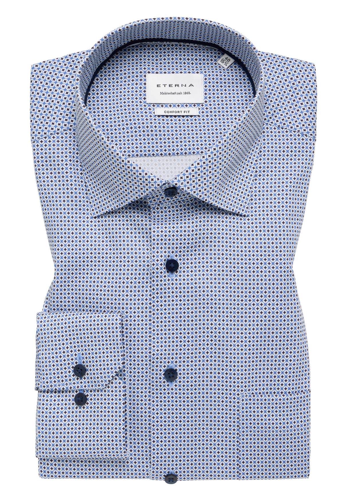 Floral gemustertes Eterna Comfort Fit Hemd, gerade und bequem geschnitten, in weiß-blau und 72 cm Ärmellänge Superlang.