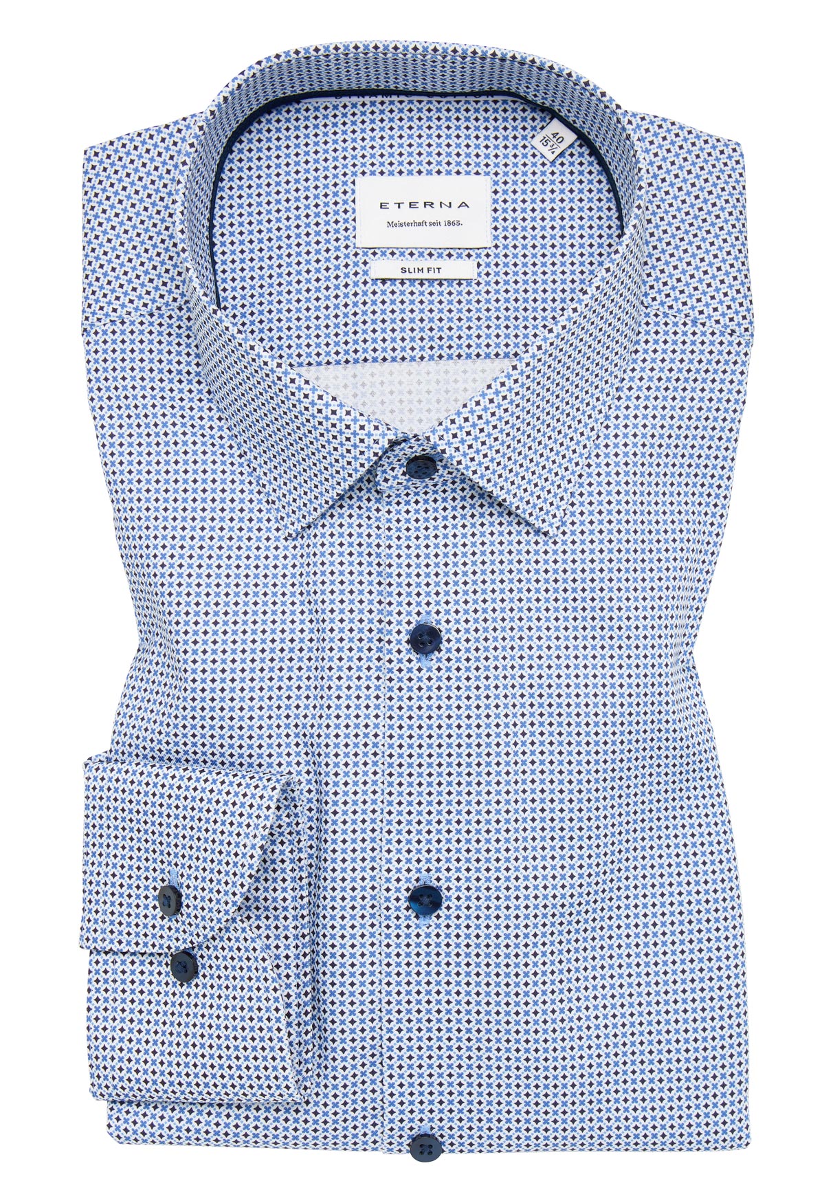 Herrenhemd der Marke Eterna Slim mit Ärmellänge Super Lang 70 cm mit floralem Druckmuster in den Farben weiß und blau.