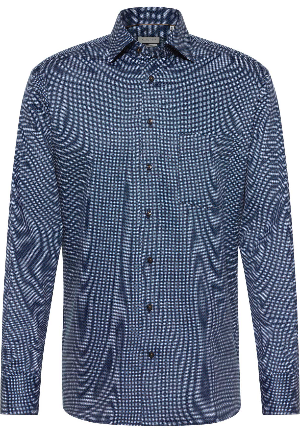 Eterna-Hemd-Modern-Fit-in-Farbe-dunkelblau-bedruckt-mit-kleinem-Muster-in-blau-weiß-beige-und-72-cm-Ärmellänge