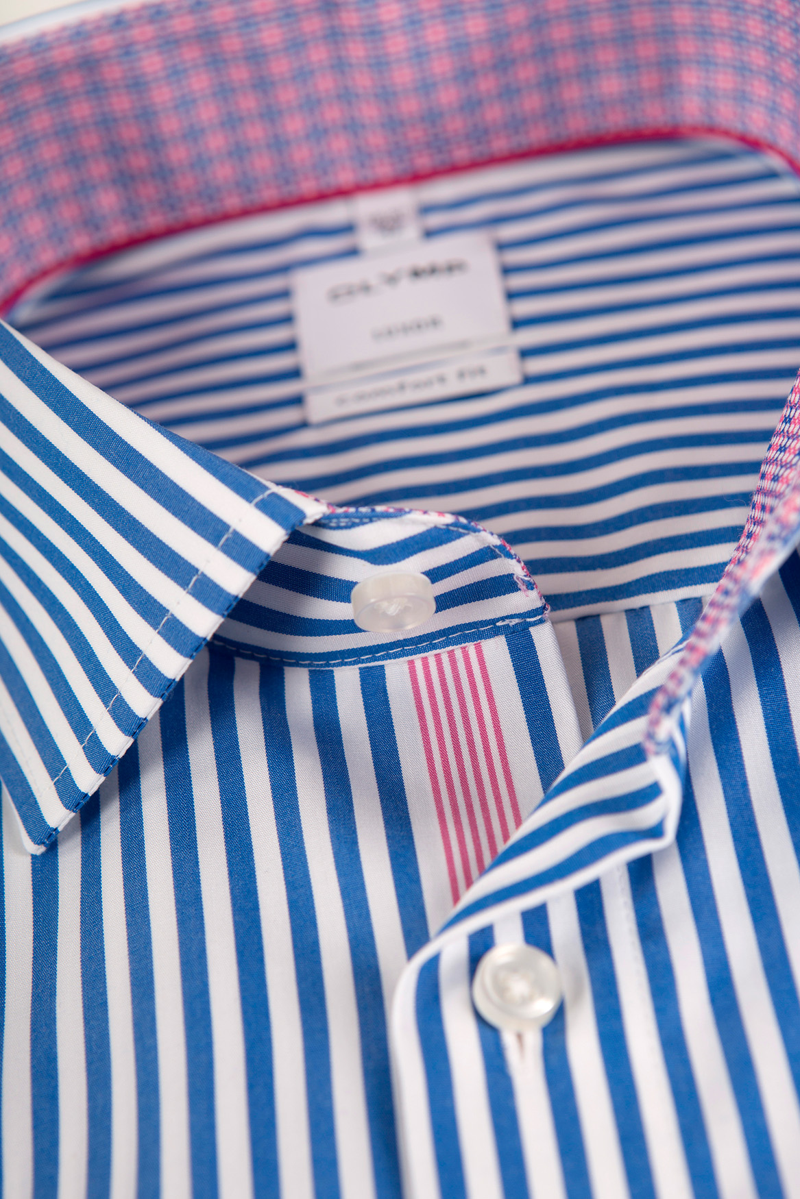 Kent-Kragen-Olymp-Hemd-Comfort-Fit-extralange-Ärmel-69-cm-gestreift-in-den-Farben-weiß-blau-pink