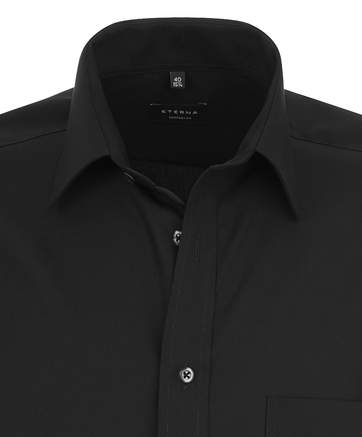 Schwarzes Eterna Hemd mit Kent-Kragen und bequemer Passform Comfort Fit. Das Hemd hat eine superlange Ärmellänge von 72 cm.