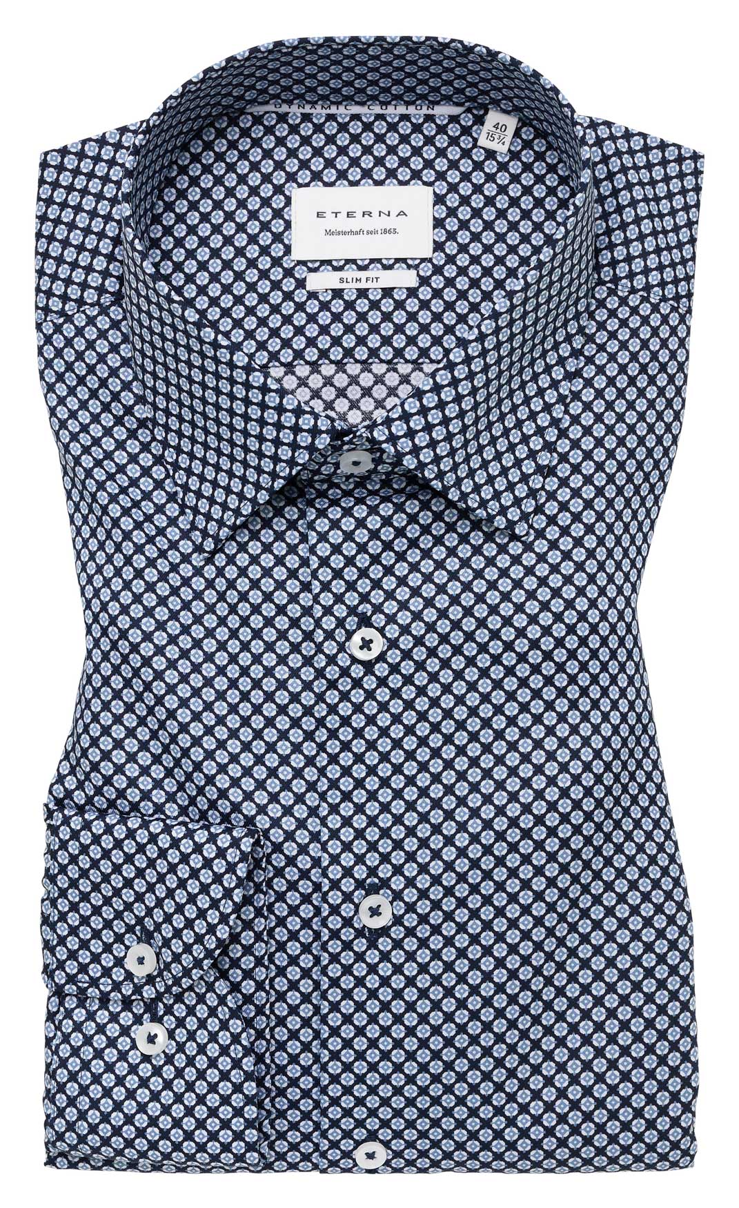 Bedrucktes Eterna-Slim-Fit-Hemd-figurbetont-auf-Taille-geschnitten-in-navy-mit-Druckdessin-in-weiß-hellblau-70-cm-Superlang
