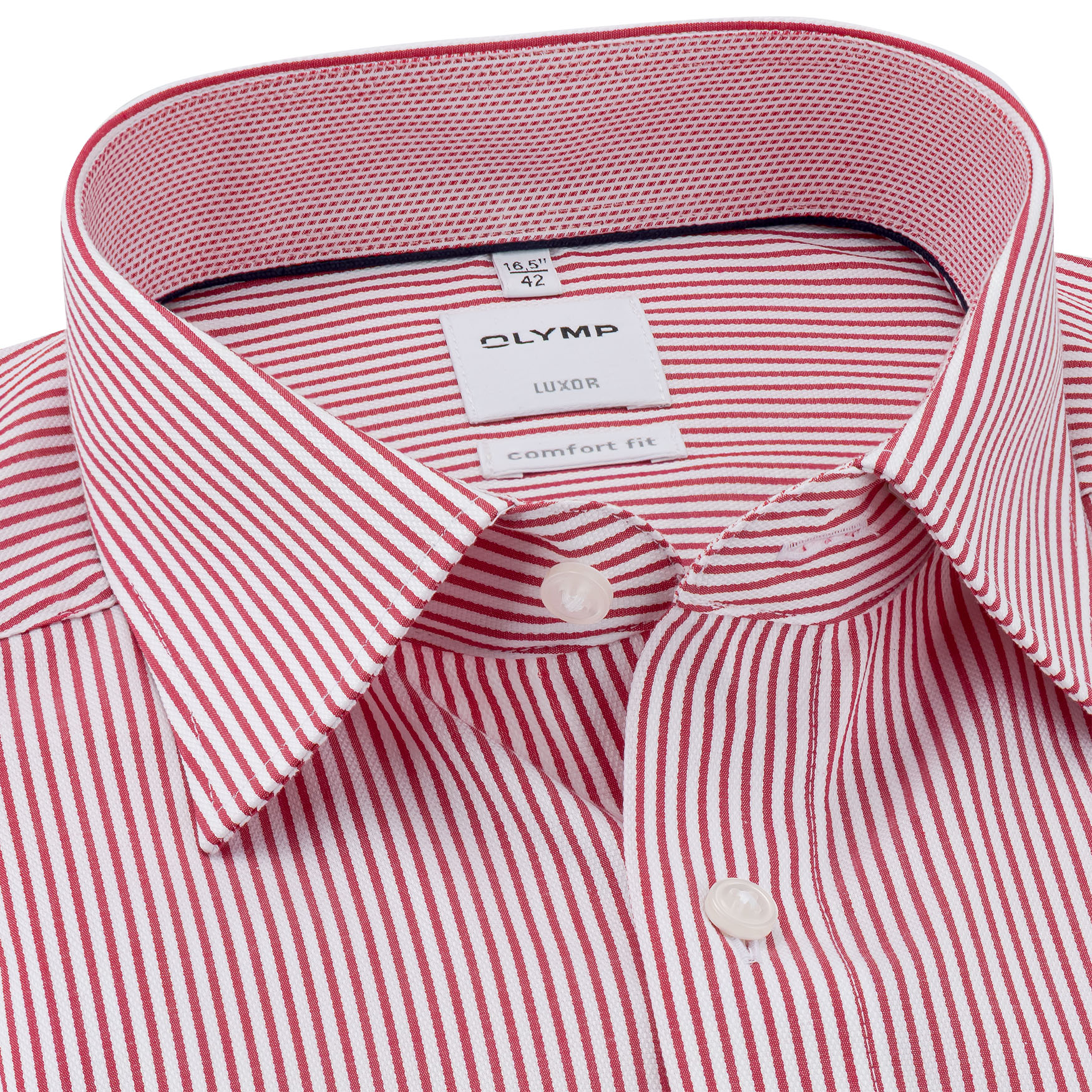 Kentkragen-eines-Olymp-Comfort-Fit-Hemdes-in-Farbe-rot-weiß-gestreift-mit-69-cm-Extra-lange-Ärmel