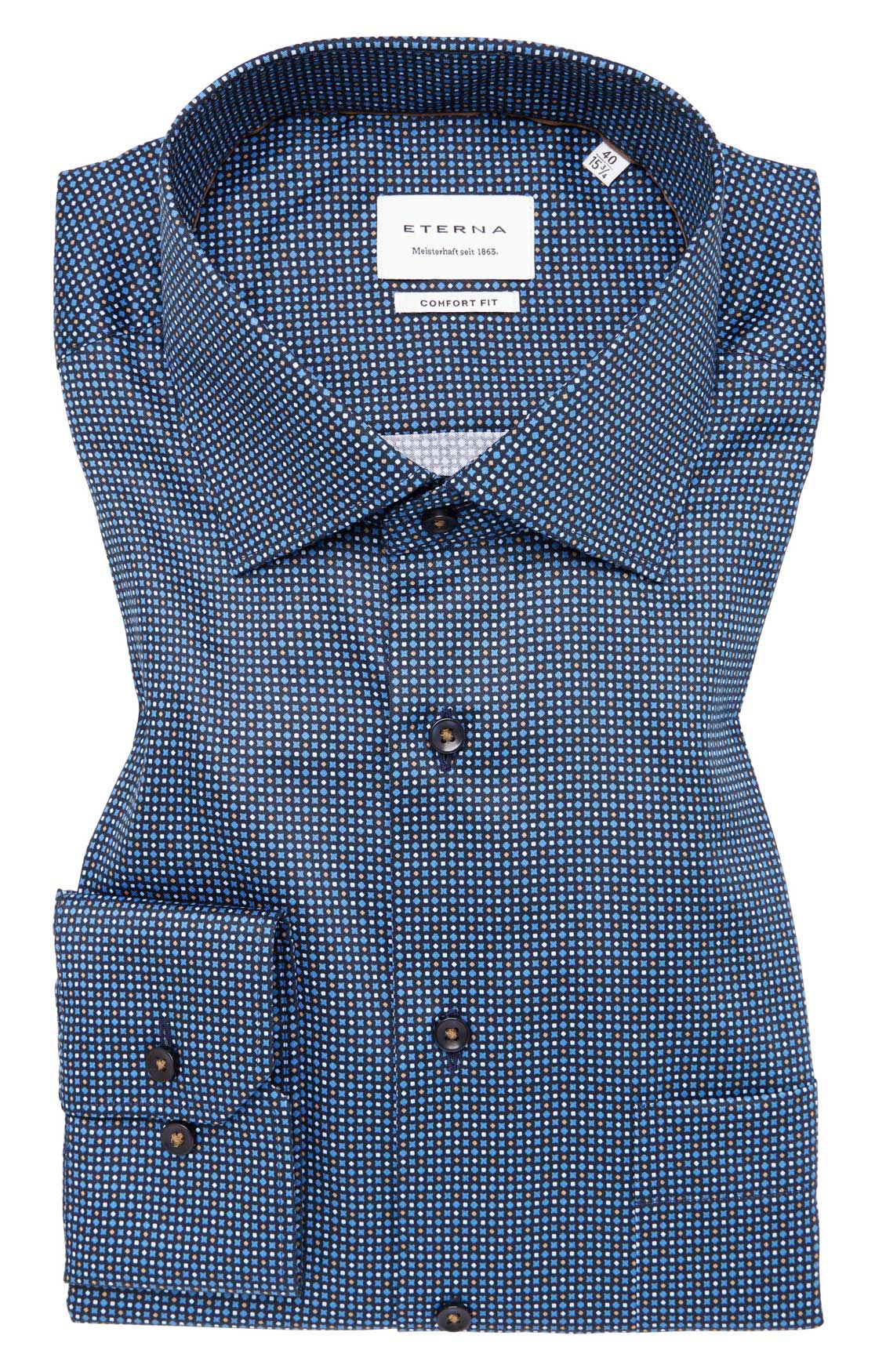 Eterna-Hemd-Comfort-Fit-in-Farbe-navy-mit-kleinem-Muster-in-blau-weiß-beige-und-72-cm-Ärmellänge-liefert-Hemd24-Würselen