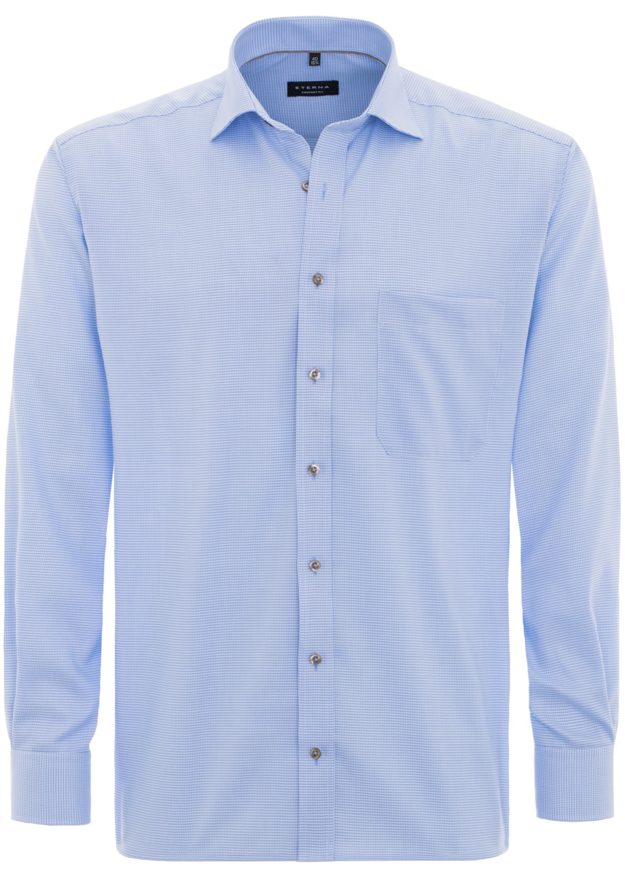 Eterna Herrenhemd Comfort Fit auf der Büste dekoriert, Farbe hellblau mit Hahnentrittmuster und mit 68-cm-Armlänge extralang