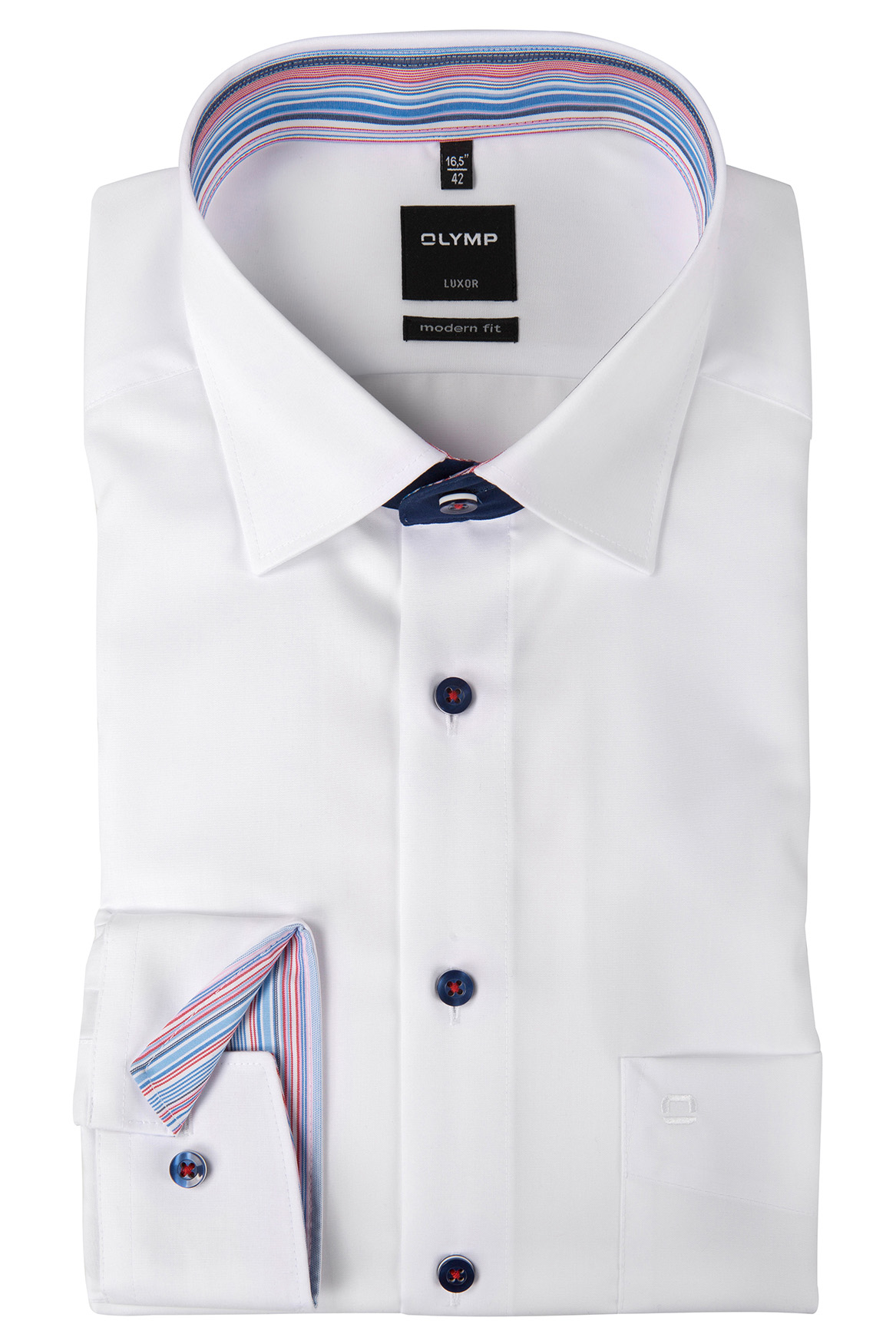 Olymp-Hemd-mit-Under-Button-Down-Kragen-in-der-Farbe-weiß-nebst-Sandwich-Knöpfen-in-dunkelblau-und-Super-Langen-72-cm-Ärmeln