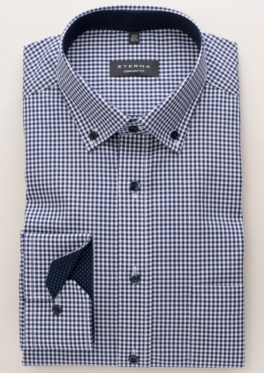 Dunkelblaues Eterna Hemd mit Button-Down-Kragen und extra Ärmel 68 cm.