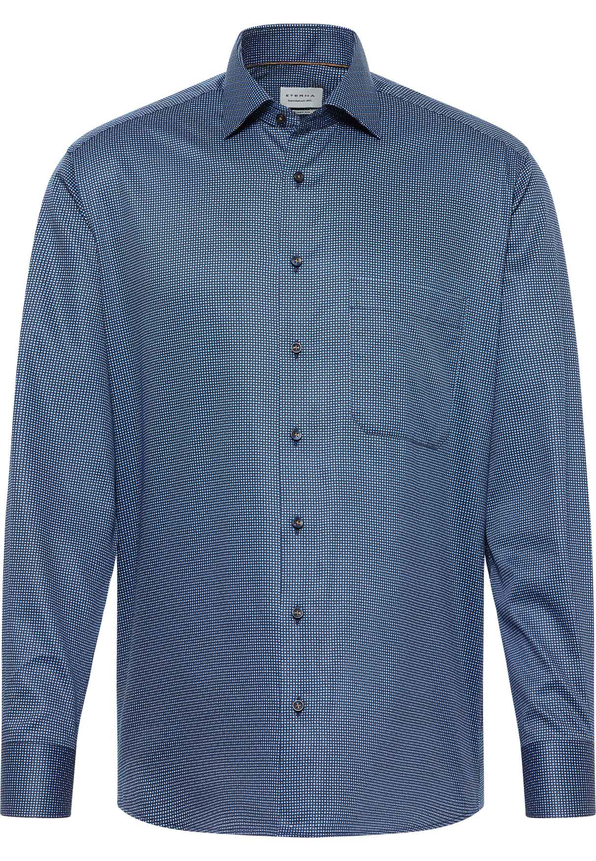 Eterna-Hemd-Comfort-Fit-in-Farbe-dunkelblau-bedruckt-mit-kleinem-Muster-in-blau-weiß-beige-und-72-cm-Ärmellänge