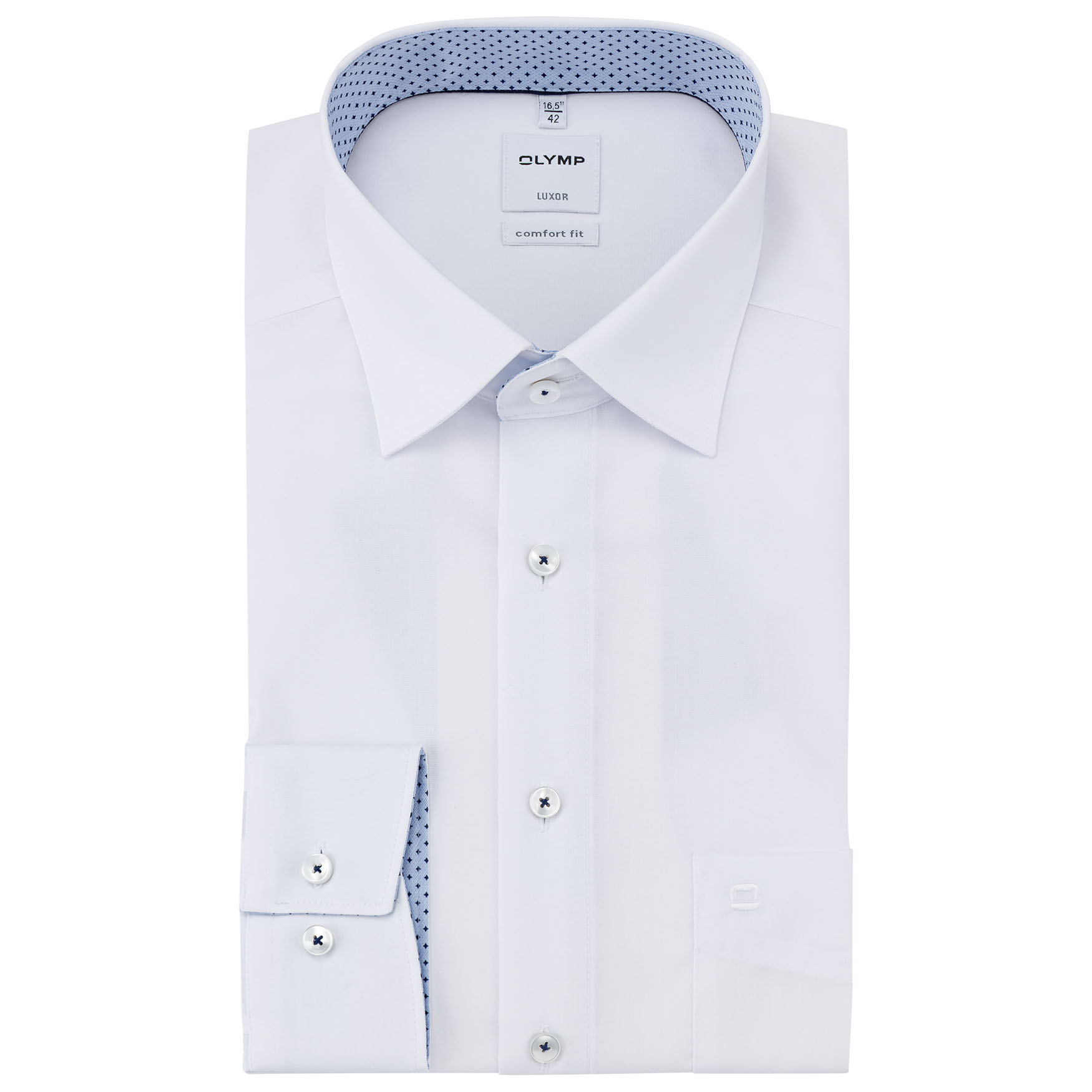 Olymp-Hemd-Comfort-Super-Lang-in-der-Farbe-weiß-mit-blauem-Patch