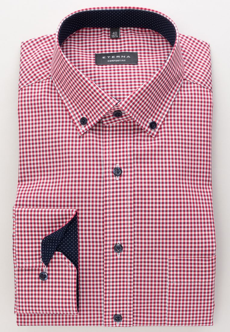 Eterna Hemd rot kariert mit Button-Down-Kragen und verlängerten Ärmeln 68 cm extra lang. Hemd mit Kragenweite.